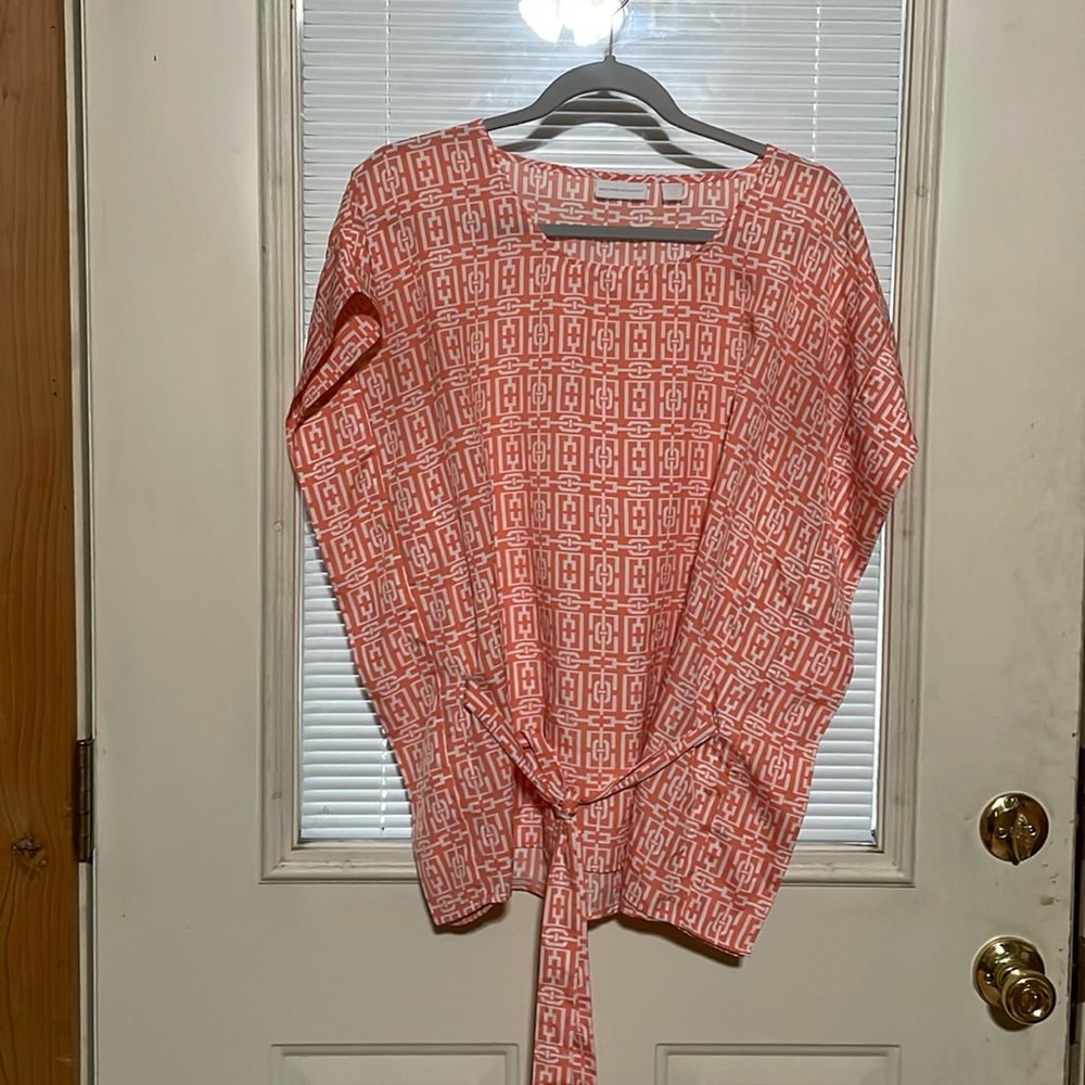 Peach/white blouse with tie at waist